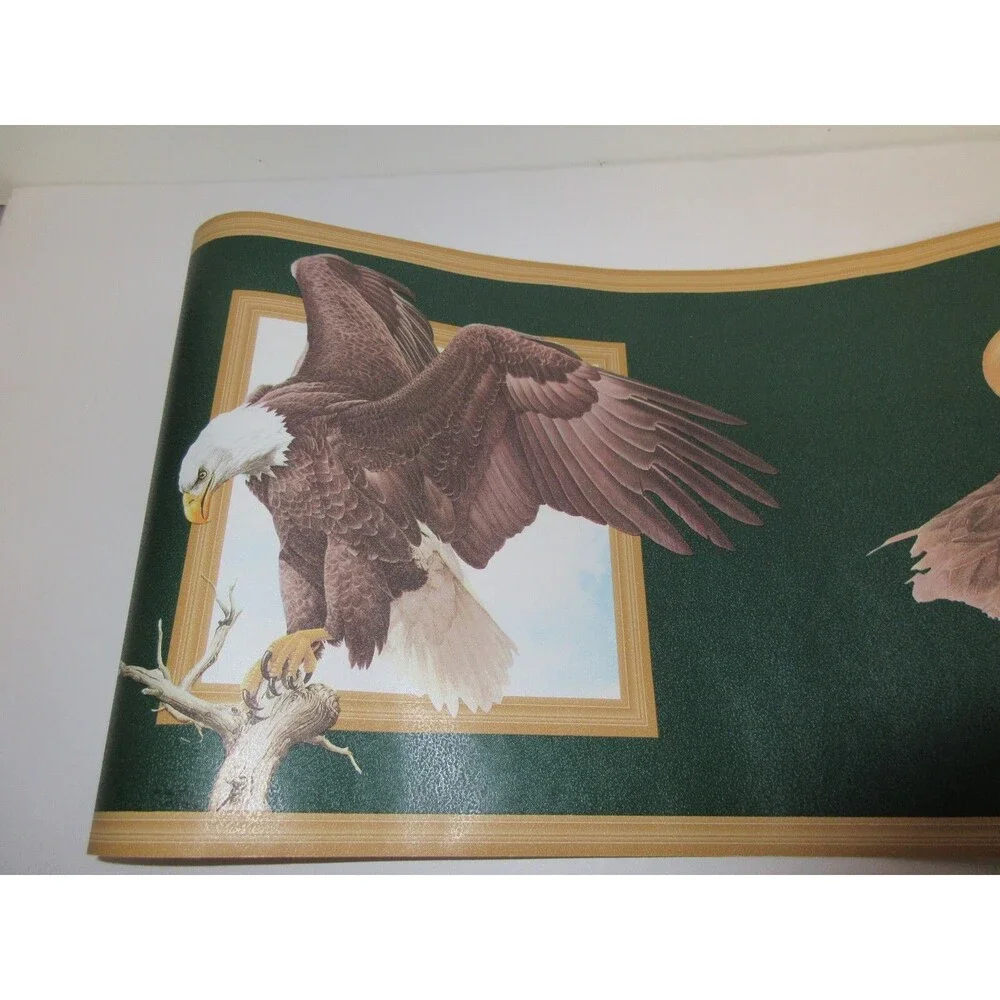 Genuine Flying Eagle on Branch Wallpaper Border Vintage Green Brown&White